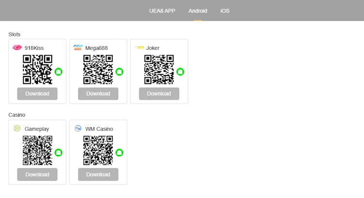 Android apps for 918Kiss, Mega888, Joker, Gameplay and WM Casino