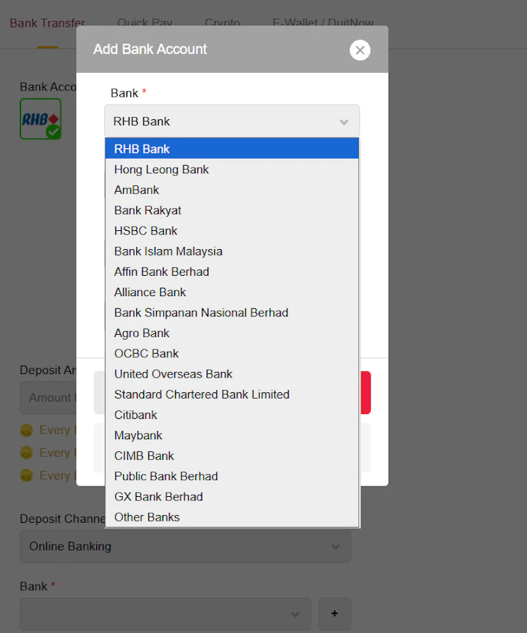 Bank transfer deposit with add bank account list