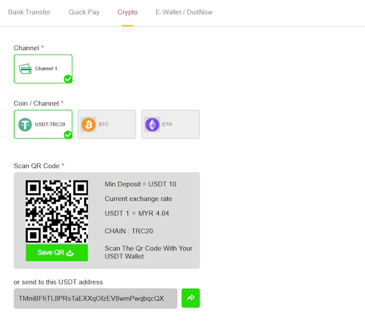 UEA8 accepts crypto deposit with USDT TRC20, BTC and ETH