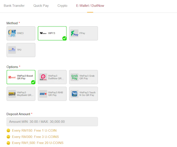 E-wallet and DuitNow deposit options on UEA8 includes Touch N Go, Boost and GrabPay