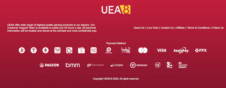 Footer information with payment methods, PAGCOR, BMM, Gaming Associates and eCOGRA seals