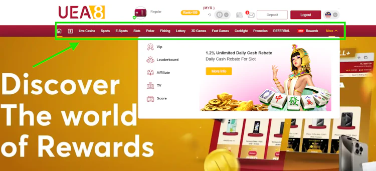 Site overview of UEA8 Malaysia with full product menu and 1.2% daily slot rebate