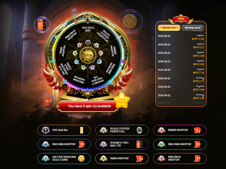 U-SPIN lucky wheel with prize list and winners record