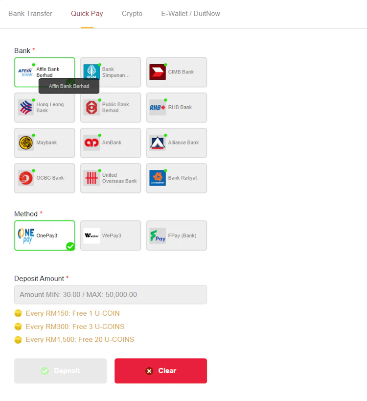 Quick pay deposit on UEA8 include 12 different Malaysian banks