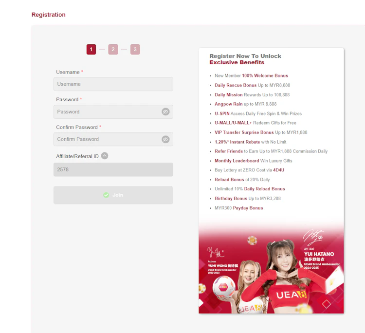 Registration form step one is asking for username, password, and referral ID