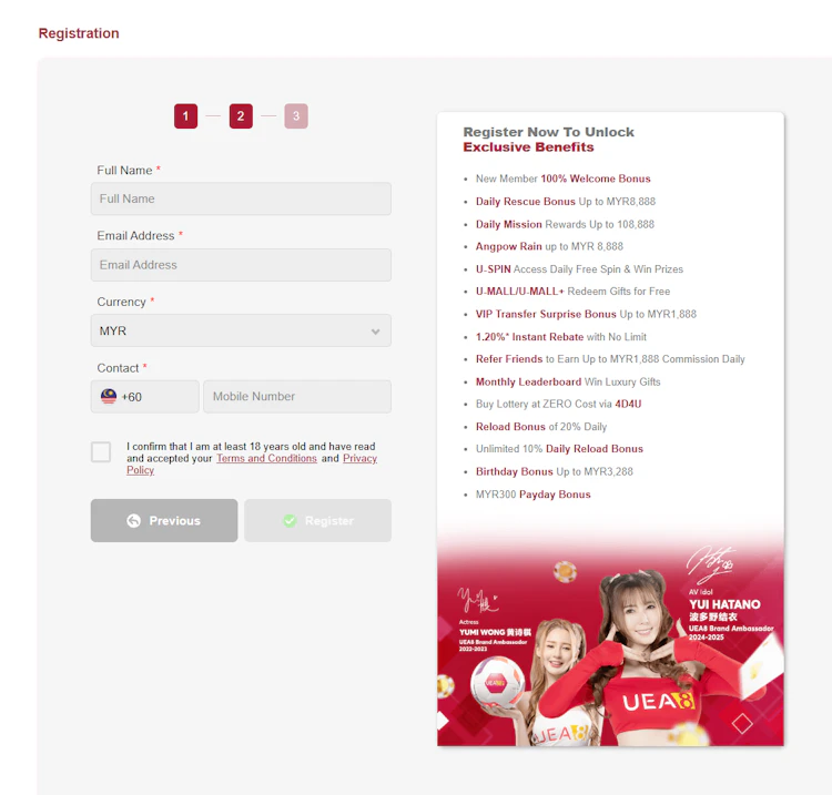 Registration step two requires full name, email, MYR currency and +60 mobile number