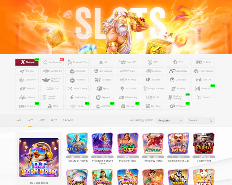 Slots providers and lobby with RTP shown on UEA8 casino games and slots