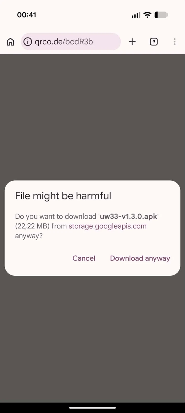 Chrome download warning showing uw33 APK at 22.22 MB from storage.googleapis.com