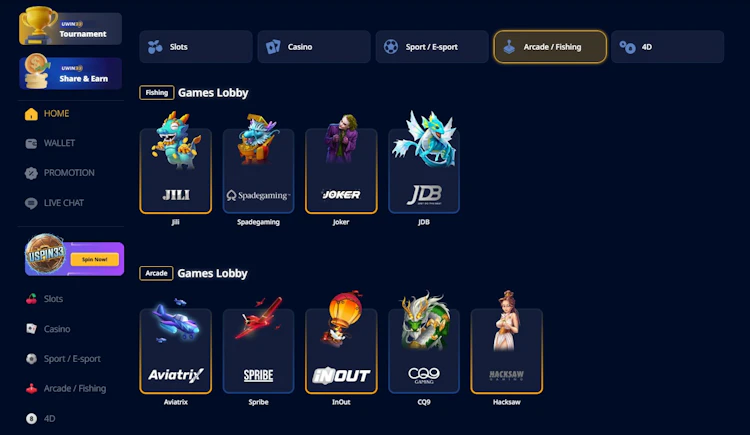 Uwin33 arcade and fishing lobby showing Aviatrix, Spribe and fishing game providers