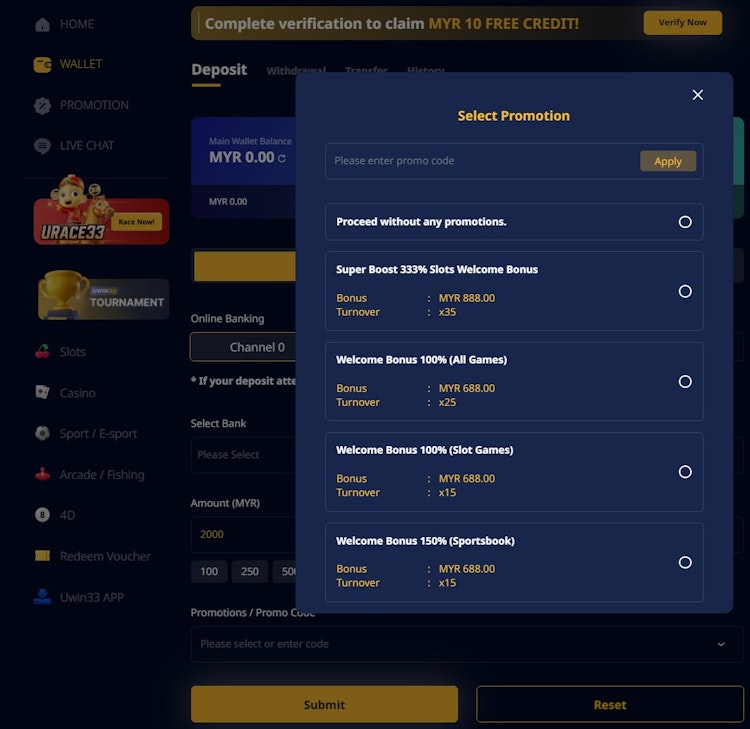 Multiple Bonus Offering in the Uwin33 App for New Malaysian Customers