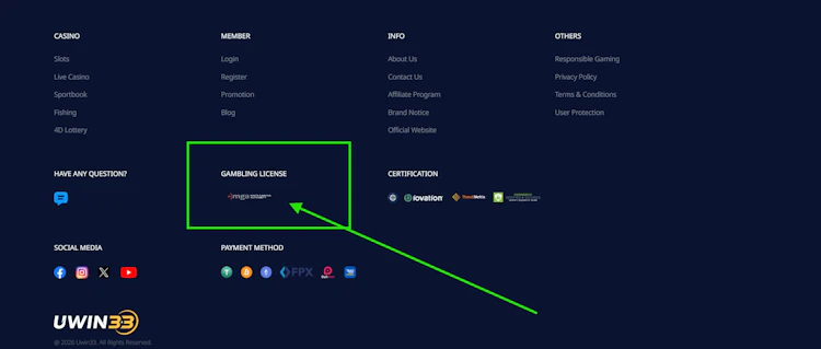 Uwin33 website footer displaying the Malta Gaming Authority (MGA) gambling license badge alongside payment and security certifications