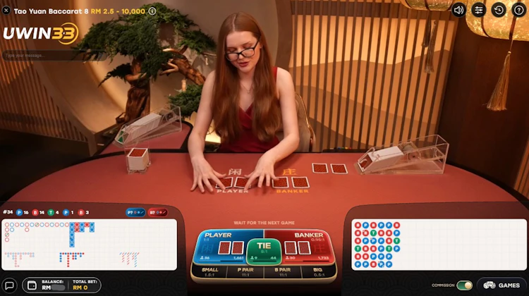 Uwin33 live baccarat table showing roadmaps and side bet payouts