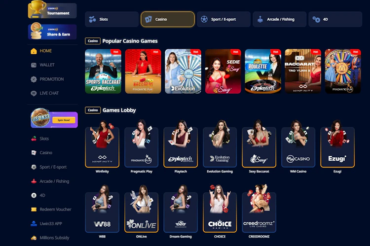 Uwin33 live casino lobby showing Evolution, Playtech, Pragmatic Play and Asian studios