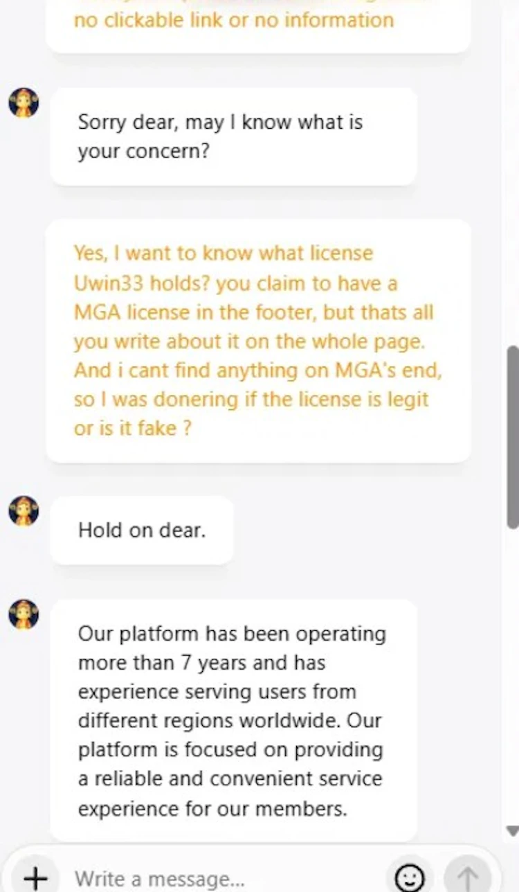 Uwin33 live chat support declining to provide licence details