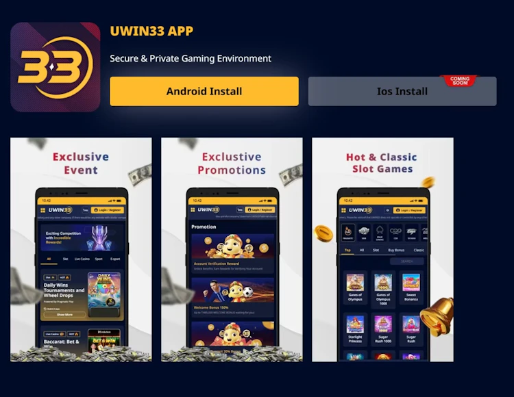 Uwin33 mobile app download page displaying the APK installation button for Android, a "Coming Soon" badge for iOS, and mobile UI previews
