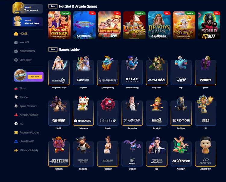 Uwin33 slots lobby showing Pragmatic Play, Playtech, Spadegaming and other providers