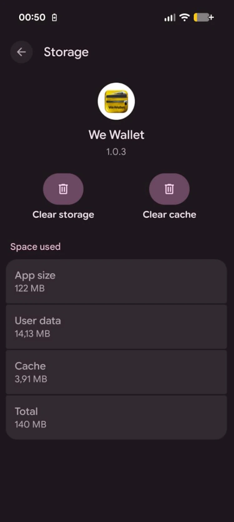 We Wallet storage page showing 122 MB app size and 140 MB total