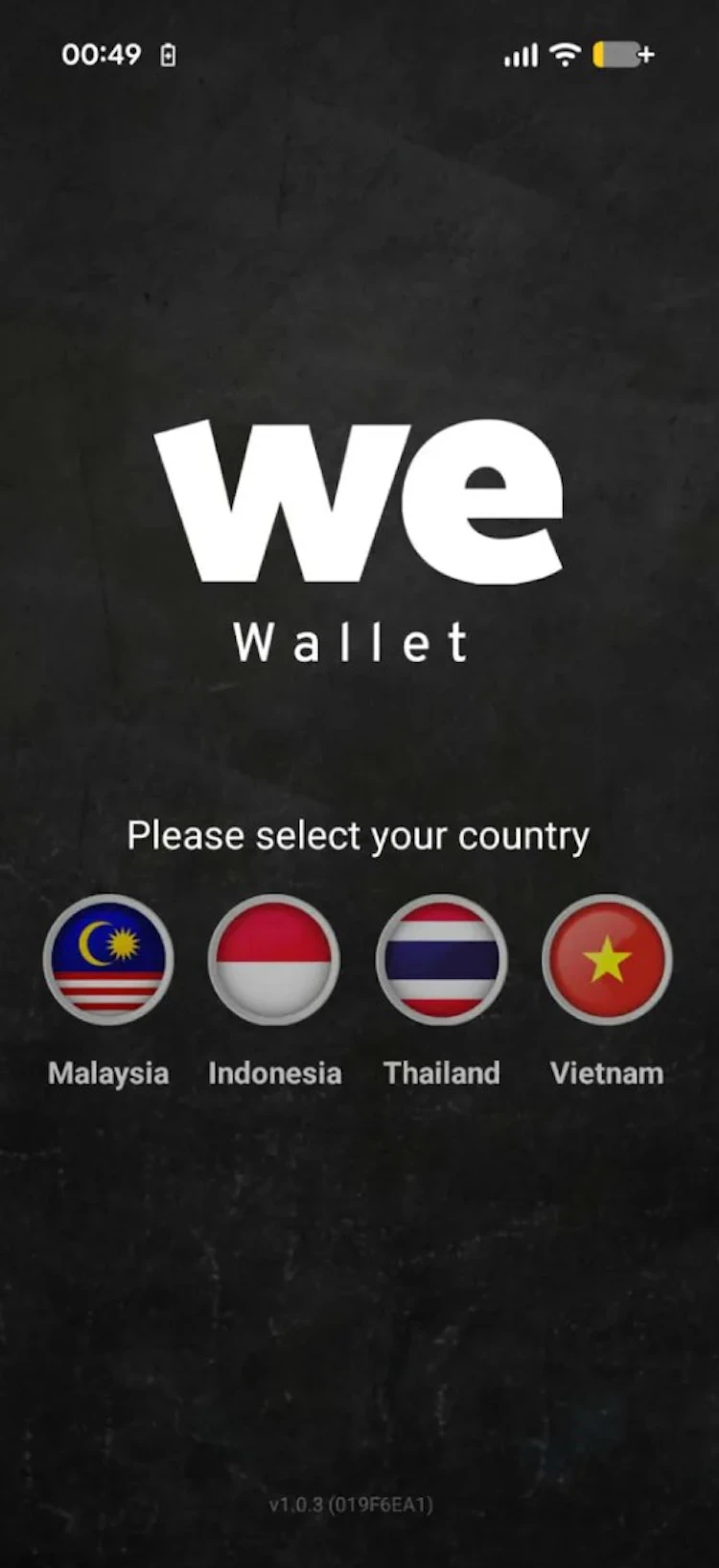 We Wallet app loading screen with country selector for Malaysia, Indonesia, Thailand and Vietnam