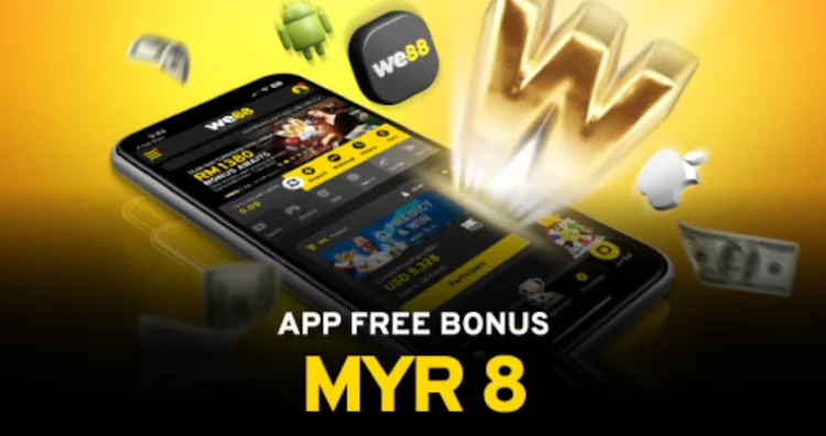 WE88 mobile app free bonus of RM 8 shown on a phone screen