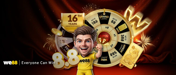WE88 WESpin anniversary wheel showing gold bar and jackpot prizes
