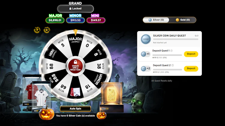 WESpin Silver Coin wheel with cash prizes from RM 0 to RM 888, jackpot segments and the daily Silver Coin deposit quests