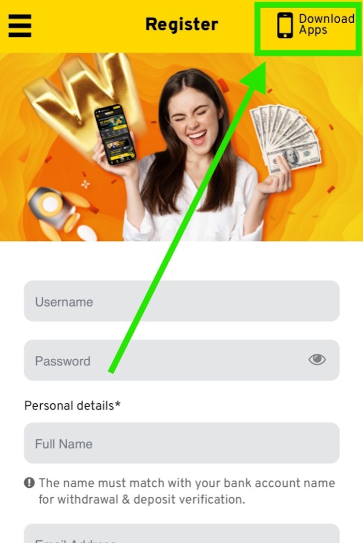 WE88 App Download Button on Mobile