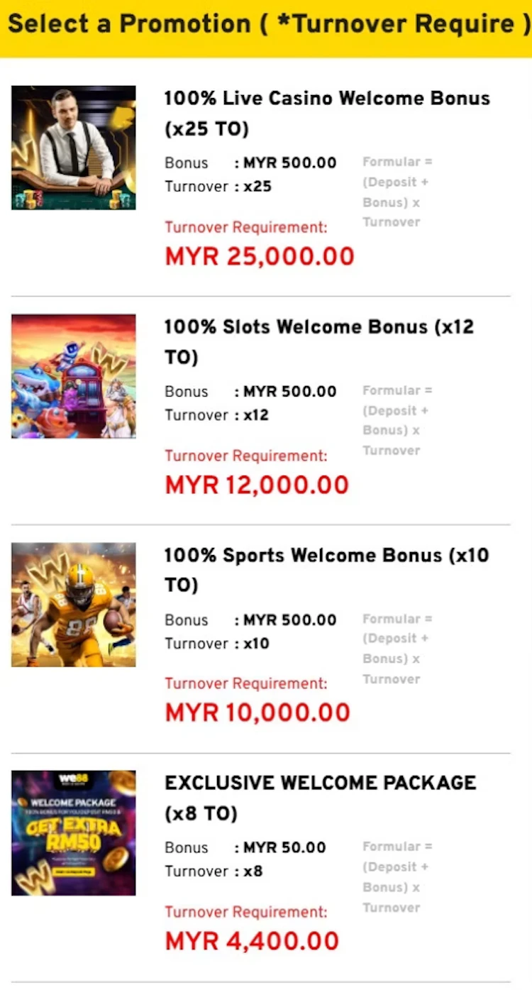 WE88 promotional menu listing 100 percent welcome bonuses for Live Casino, Slots, and Sports with e-wallet payment options