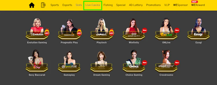 WE88 live casino game providers lobby