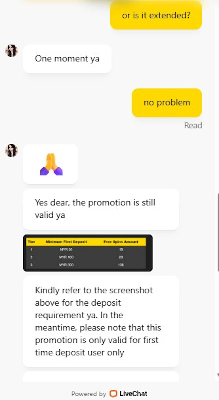 WE88 live chat confirming free spins promotion is still valid