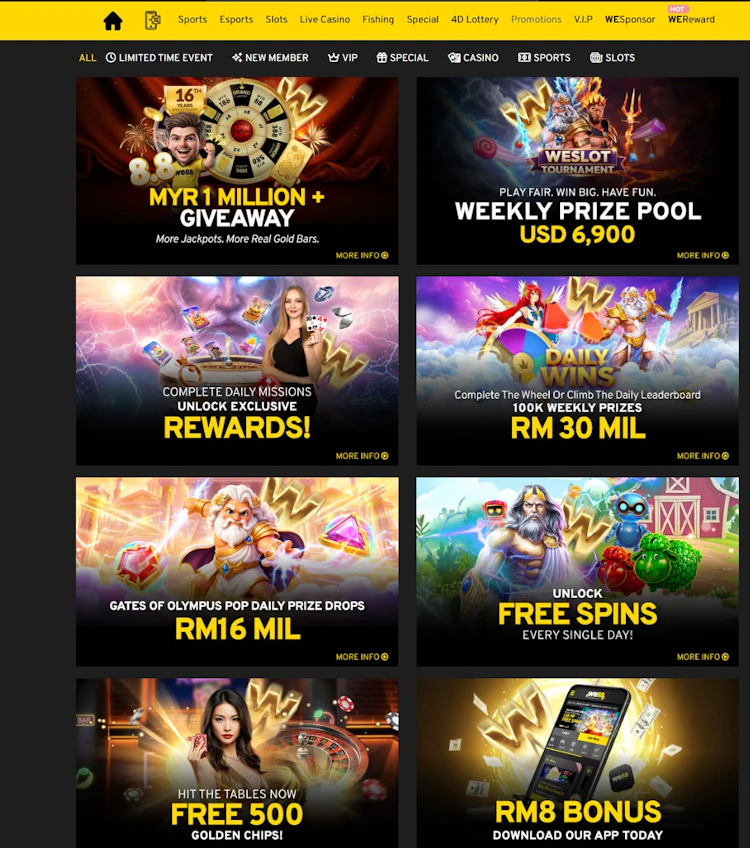 WE88 promotions page showing tournaments giveaways and daily offers