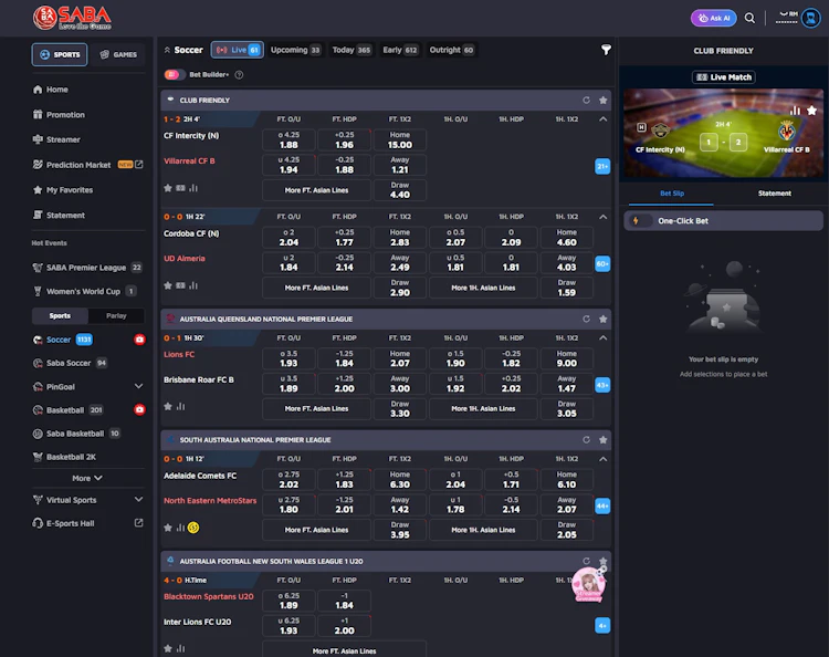 WE88 Saba Sports live betting board showing soccer Asian handicap markets
