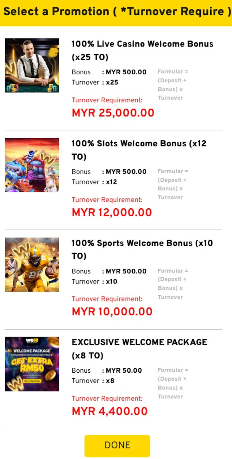 WE88 Welcome Bonuses in Malaysia