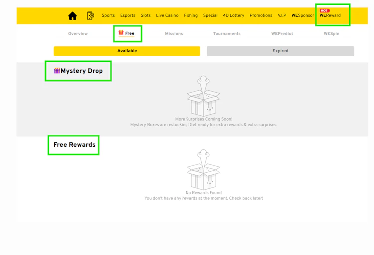 WE88 WEReward free rewards and mystery drop tab