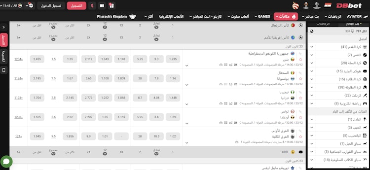 الرياضات المتاحة في DBbet