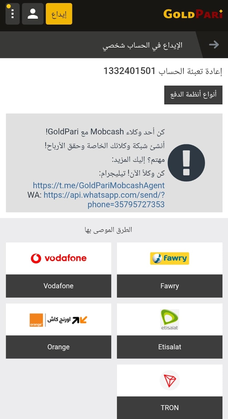 طرق الايداع في برنامج goldpari مصر