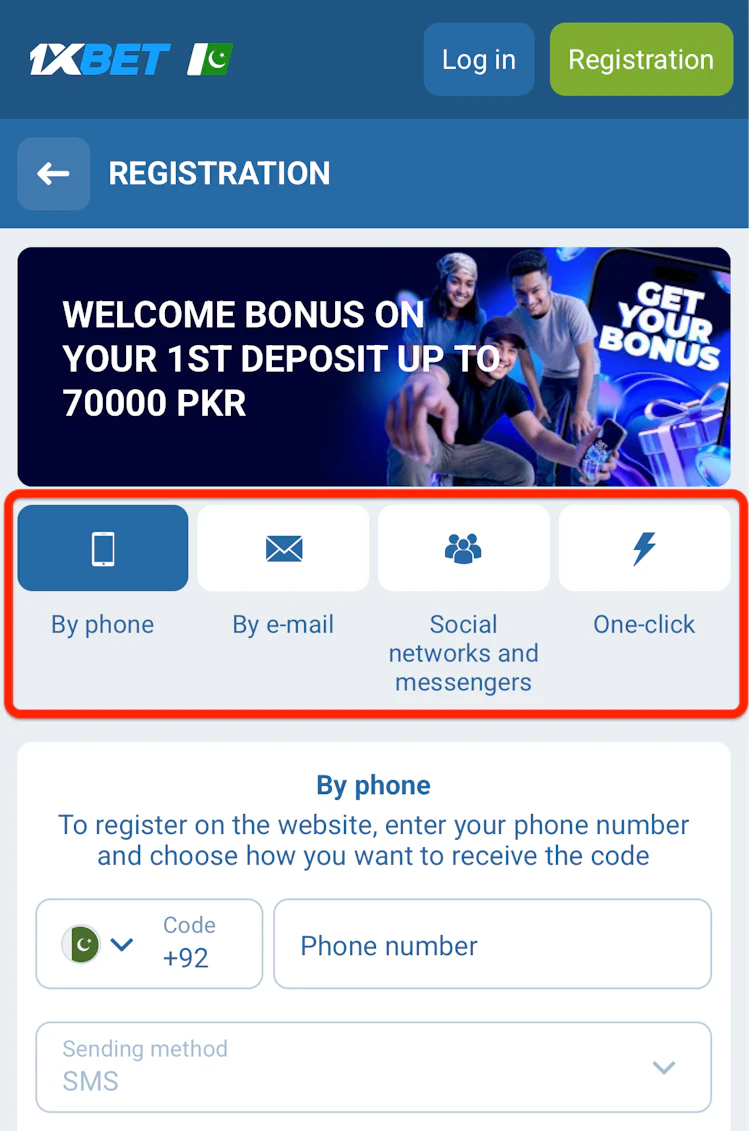  Thr buttons for the four different 1xBet registration methods