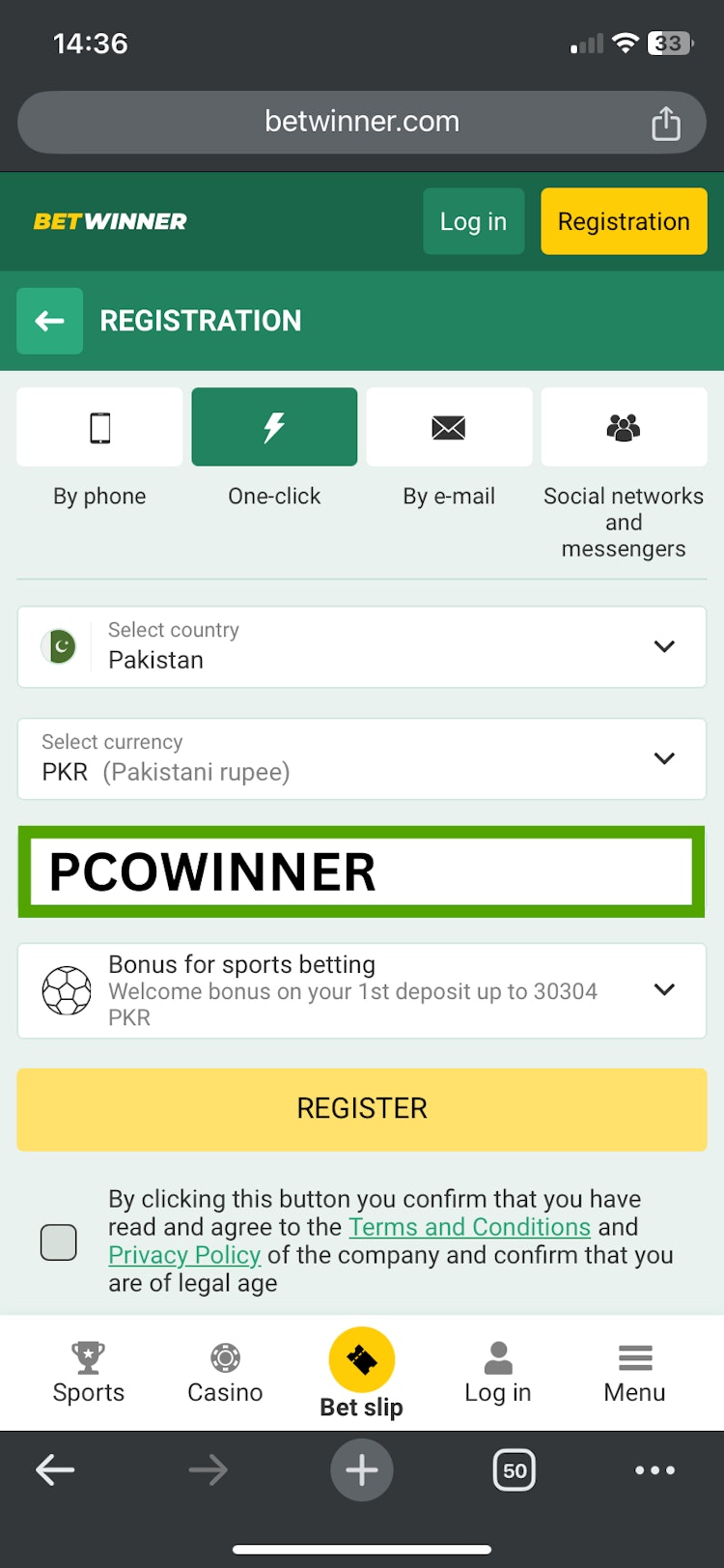 Where to enter the Betwinner promo code