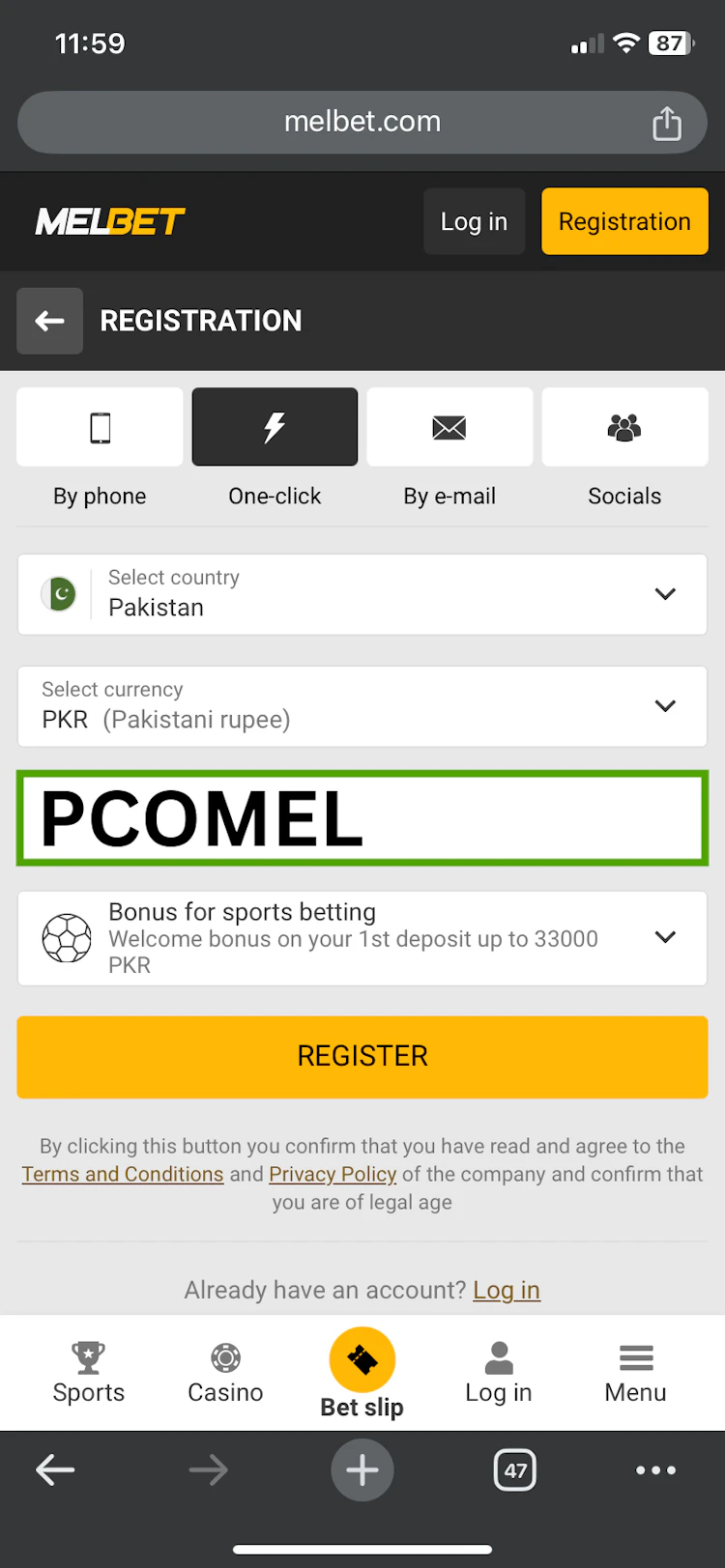 Input the Melbet Promo Code
