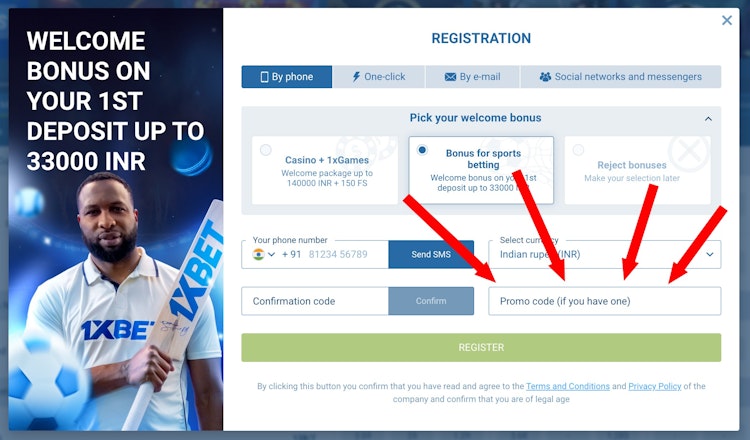 Where to input 1xBet Promo Code in registration form