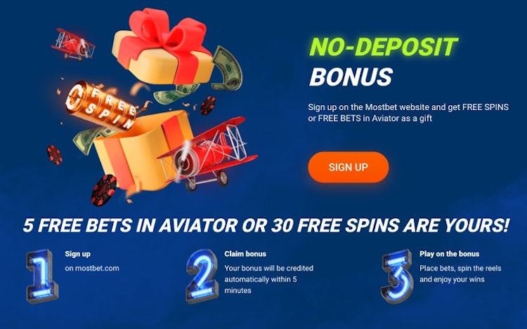 No deposit bonus offer banner at MostBet in Bangladesh - 5 Free Bets on Aviator or 30 Free Spins on slots