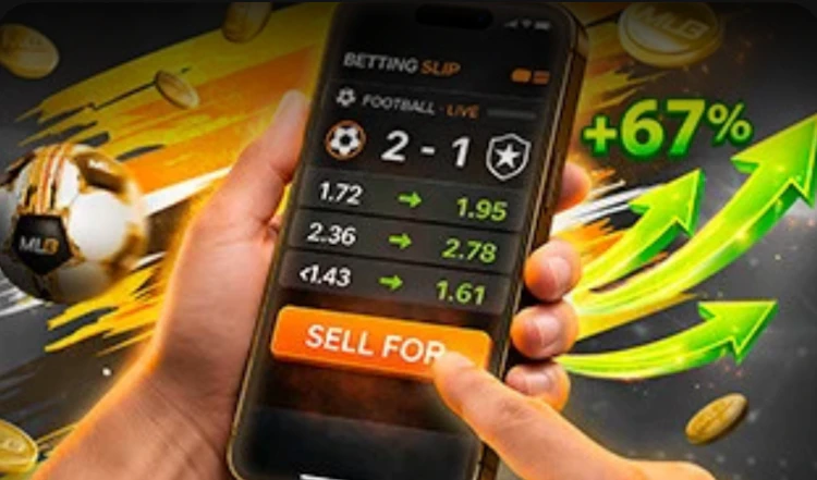  A phone with a bet slip and a button called SELL FOR