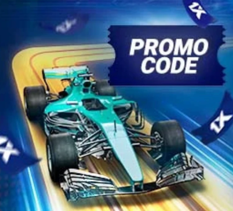  A Formula 1 car with the text PROMO CODE and 1xBet logos