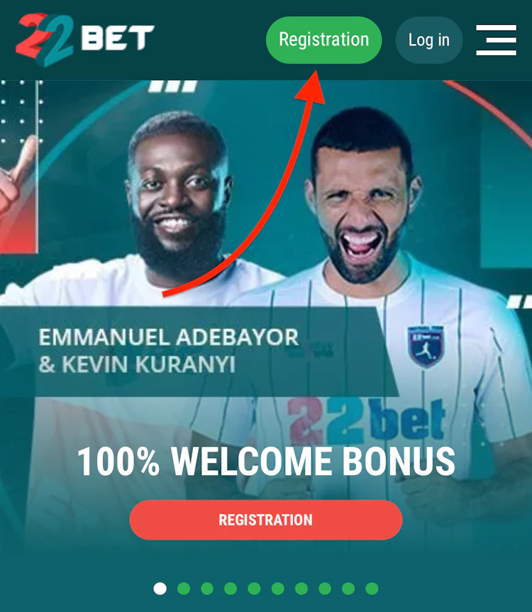  The 22Bet home page with the promo code registration button