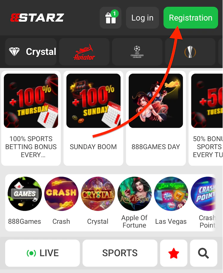  Screenshot of 888starz promo code registration button