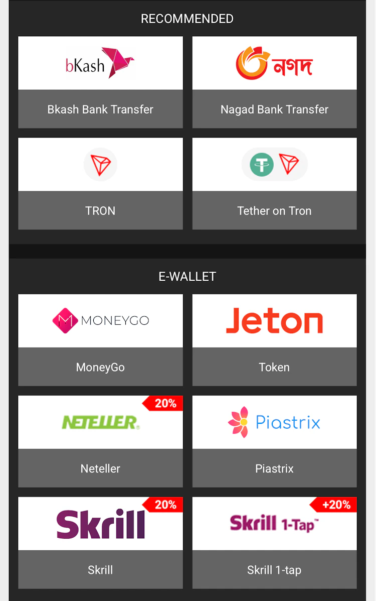  A list of the recommended deposit methods at Betandyou Bangladesh