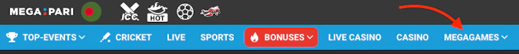 The Megapari top menu with arrow pointing toward MEGAGAMES