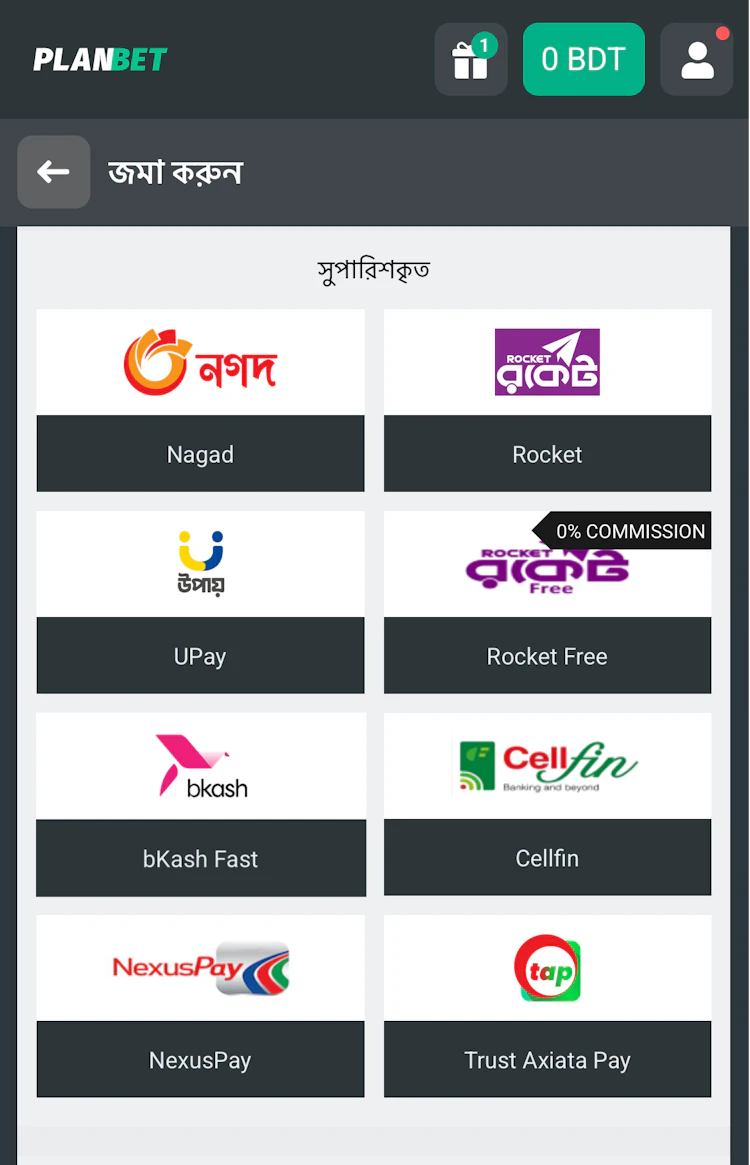  The recommended payment methods at Planbet Bangladesh listed with icons