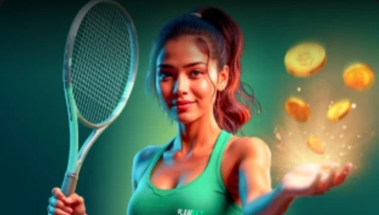  A woman holding a tennis racket and coins to show you get cash back when betting on sports