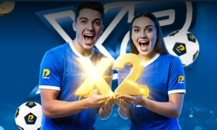  A man and a woman holding 3d letters X2, because your deposit is doubled