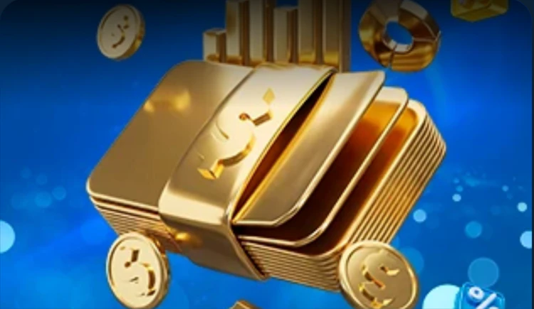  A stack of golden bills and coins, signifying cashback.